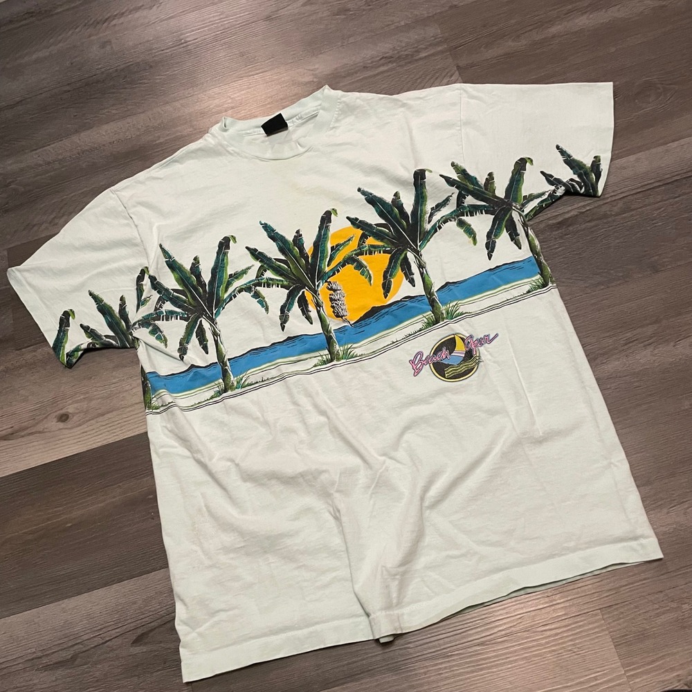Vintage summer Beach Gear Palm Tree Sunset surf T-Shirt Mint Green Mens XL